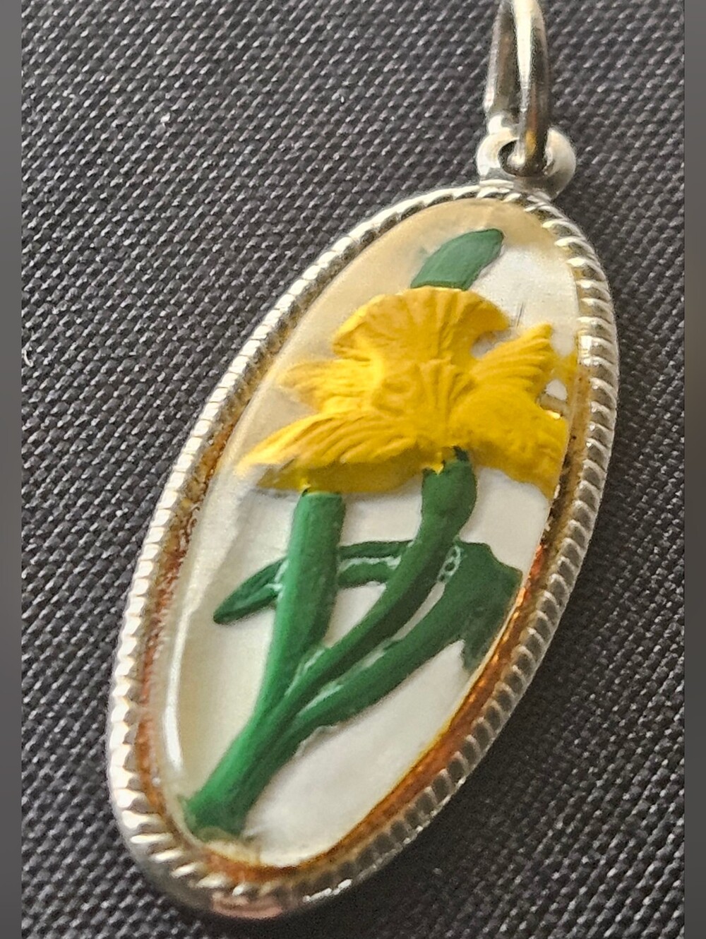 Vintage Sterling Silver Daffodil Flower In Glass 3D Necklace Charm Pendant